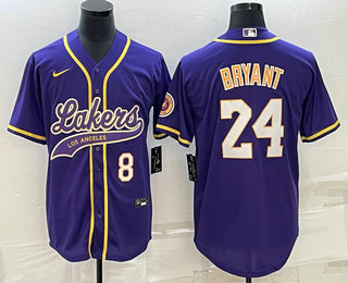 Mens Los Angeles Lakers #8 #24 Kobe Bryant Number Purple With Patch Cool Base Stitched Baseball Jersey->los angeles lakers->NBA Jersey